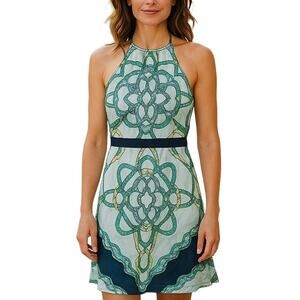 Tommy Hilfiger Collection Nautical Silk Halter Dress 6 | Blue Green Midi Keyhole